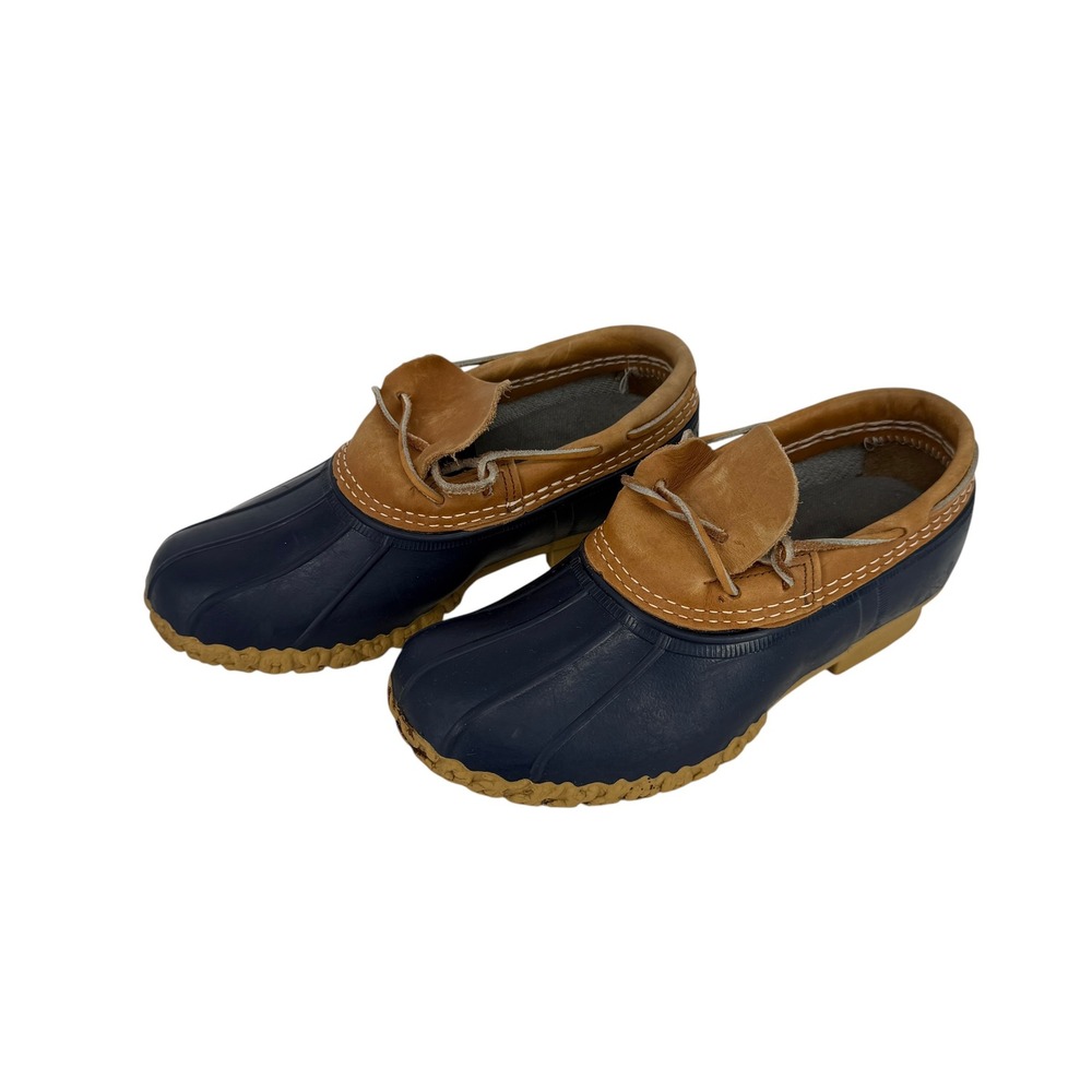 LL Bean Boot Low Shoes Rubber Duck Navy Blue Tan Leather Men 6 Women 8 USA